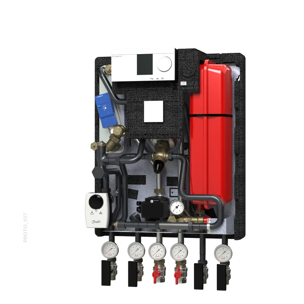 Hausstation mit verschiedenen Ventilen, Druckmanometern und einer Steuerungseinheit von Danfoss. Einheit für die Regelung und Verteilung von Heizwasser.